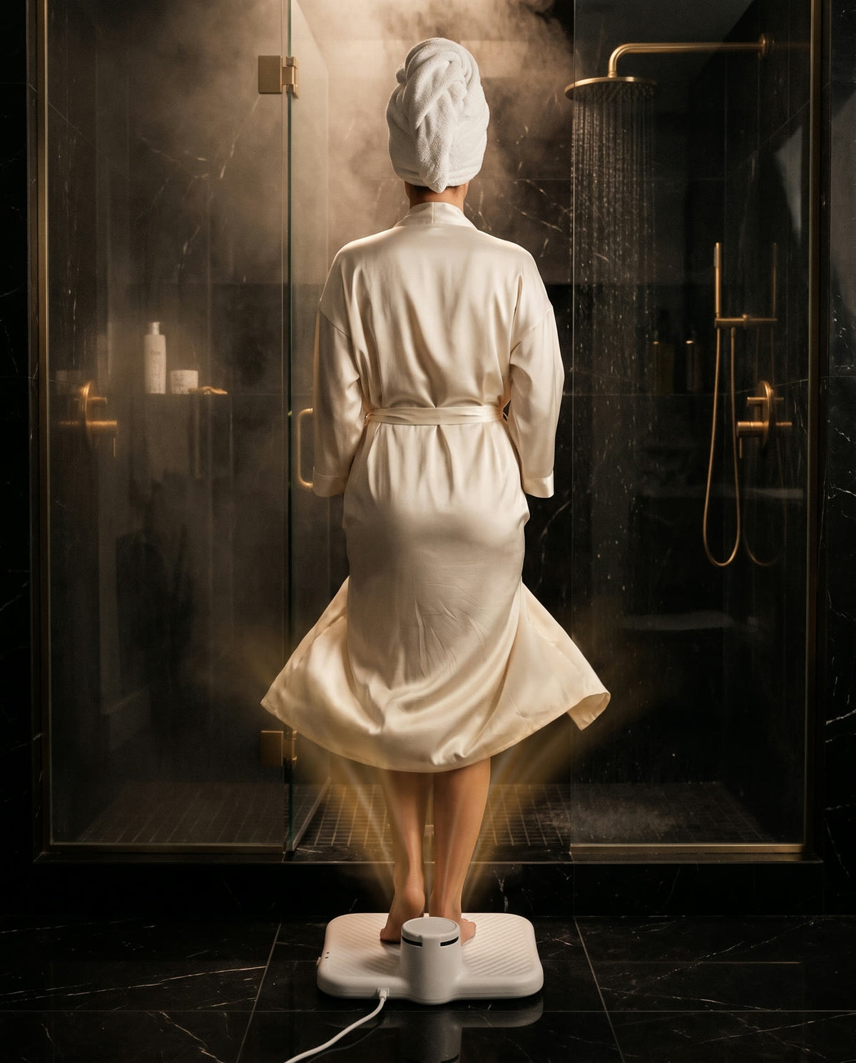 A woman in a silk robe standing on Warmstep after a shower
